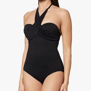 NEW Seafolly Convertible Solid Black One Piece Halter Swimsuit Sz. 14 C/D